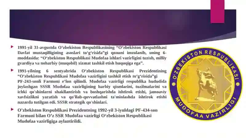 O‘ZBEKISTON RESPUBLIKASI MUDOFAA VAZIRLIGINING UNVONLARI 2