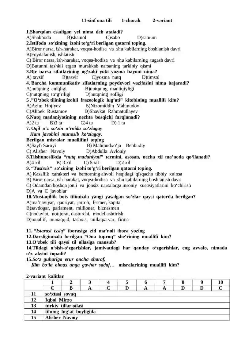 11-sinf ona tili 1-chorak 1-variant 2