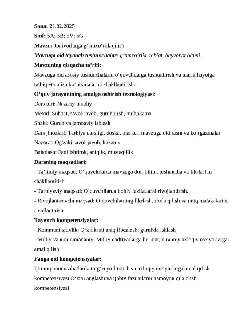 5-sinf. 3-dars ishlanma - Jonivorlarga g‘amxo‘rlik qilish. 2