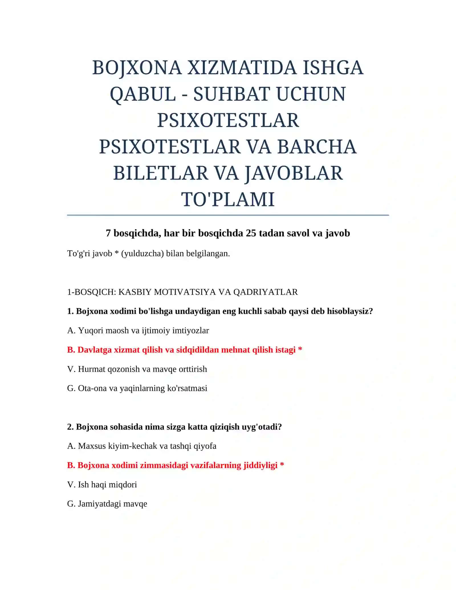 PSIXOTESTLAR VA BARCHA BILETLAR VA JAVOBLAR TO'PLAMI 2