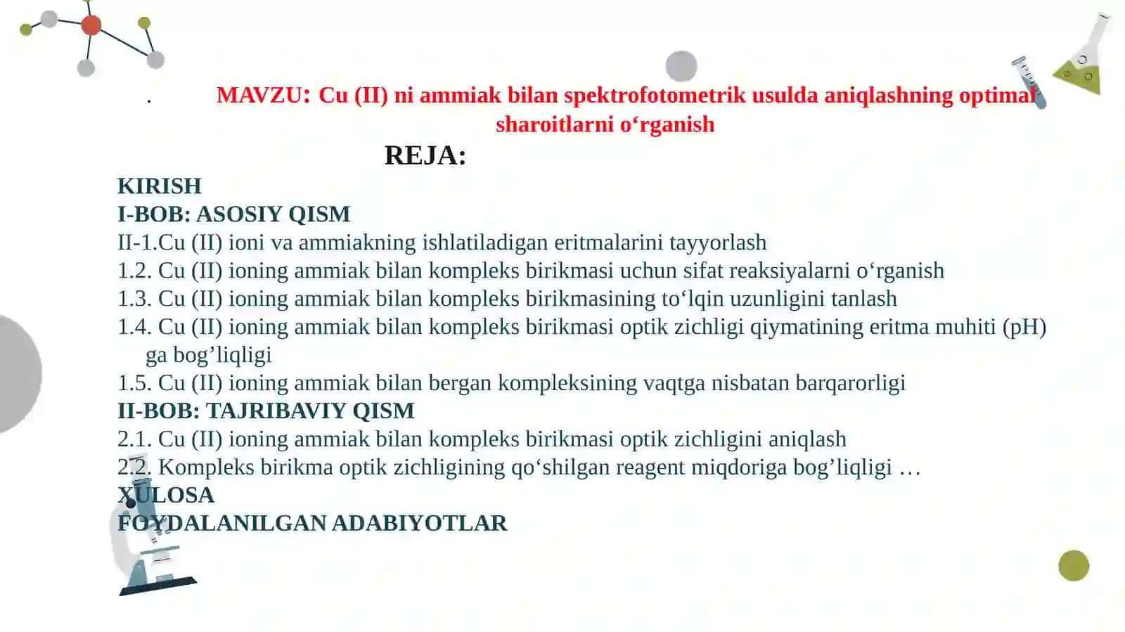 Cu (II) ni ammiak bilan spektrofotometrik usulda aniqlashning optimal sharoitlarni o‘rganish 2