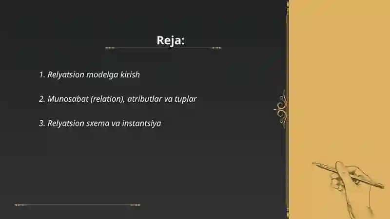 Relyatsion algebra va relyatsion hisoblash elementlari. 2