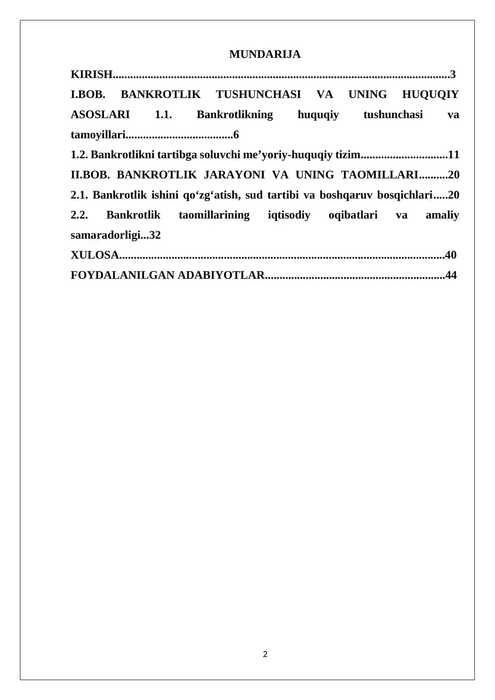 BANKROTLIK TUSHUNCHASI VA TAOMILLARI 2