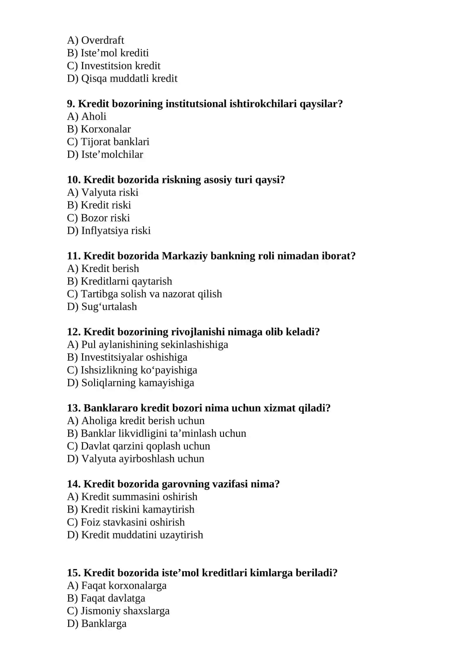 Kredit bozori test savollari 2