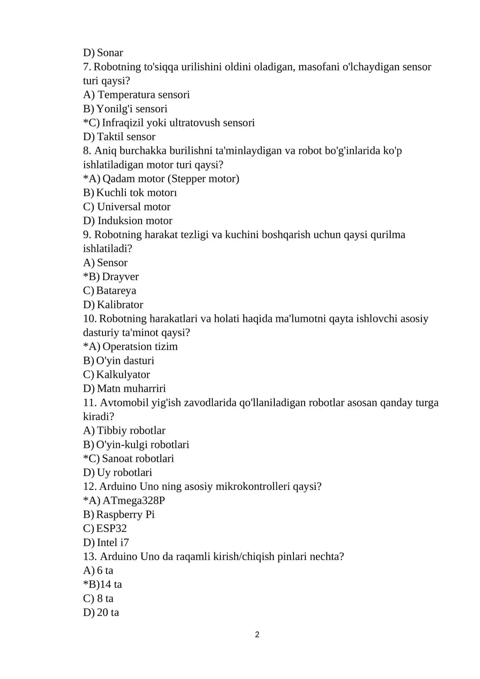 Robototexnika fanidan testlar 2