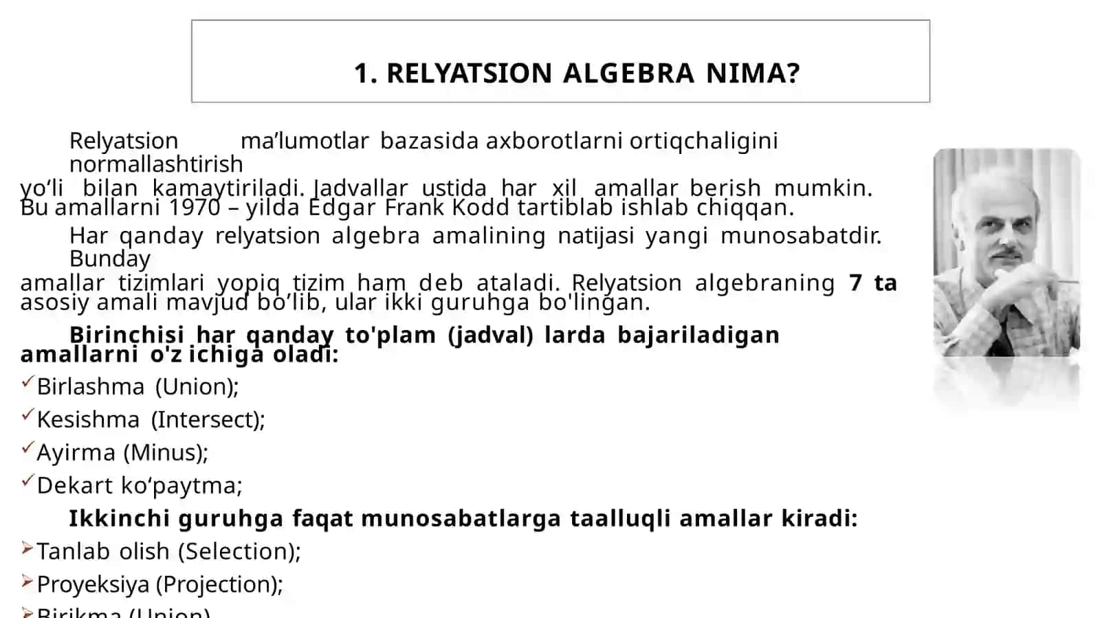 Relyatsion algebra va relyatsion hisoblash elementlari 2