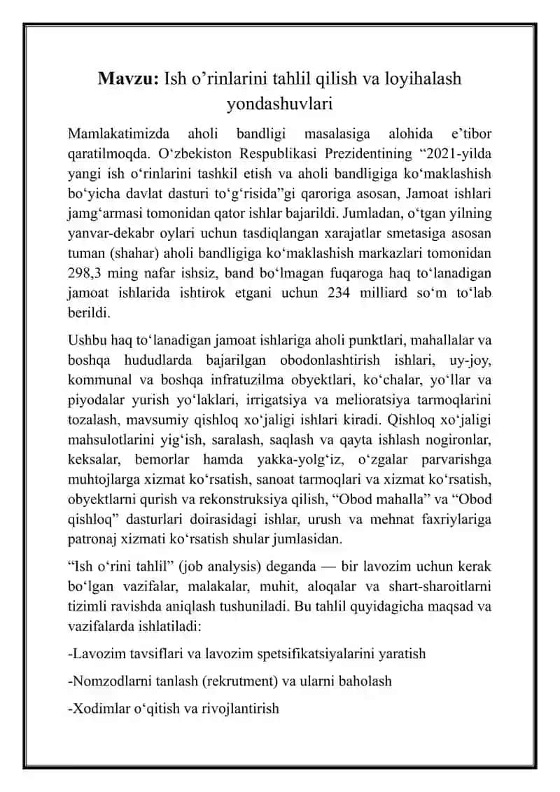 Ish o’rinlarini tahlil qilish va loyihalash yondashuvlari 2