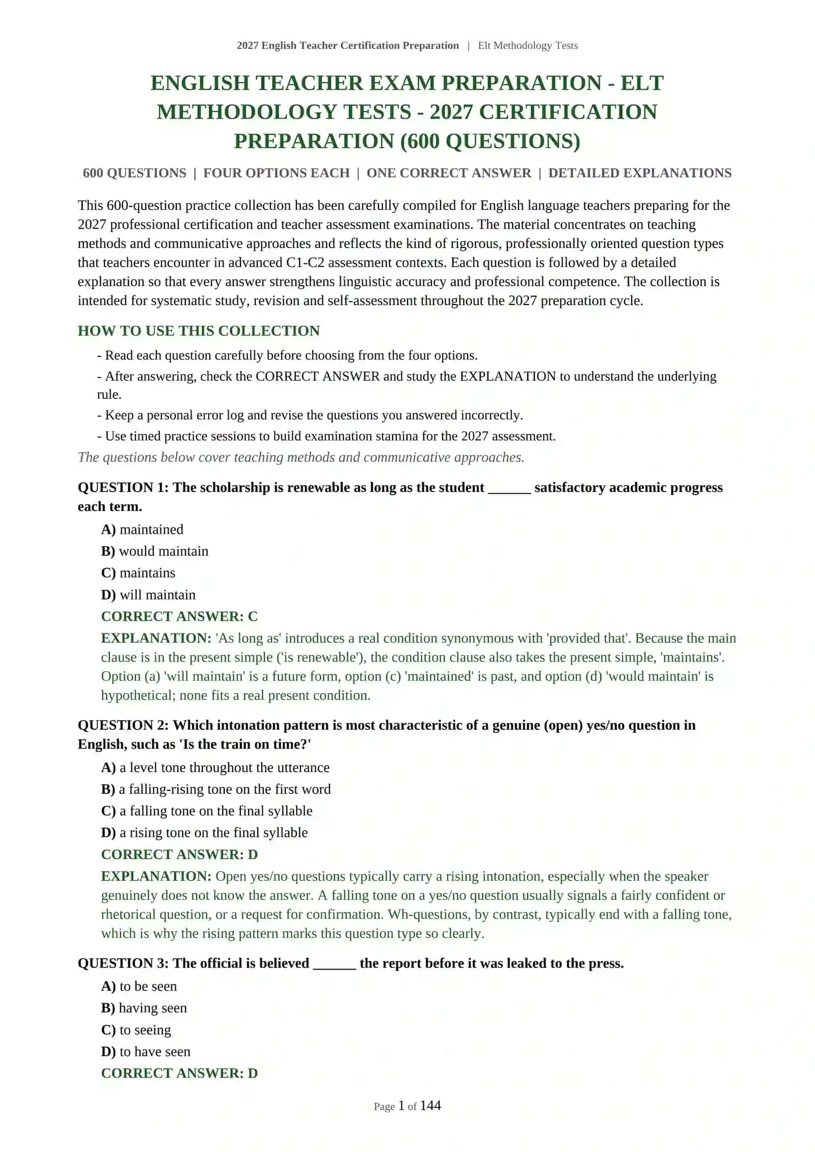 2027 English Teacher Certification Preparation | Elt Methodology Tests 2