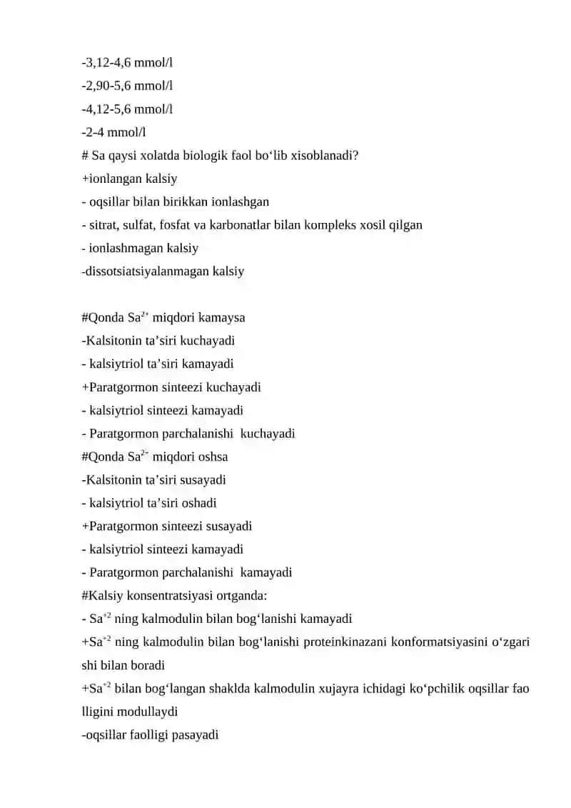 Kalsiy va fosfor metabolizmi. Mikroelementlar mavzusiga test 2