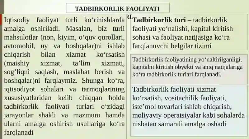 TADBIRKORLIK FAOLIYATI TURLARI 2