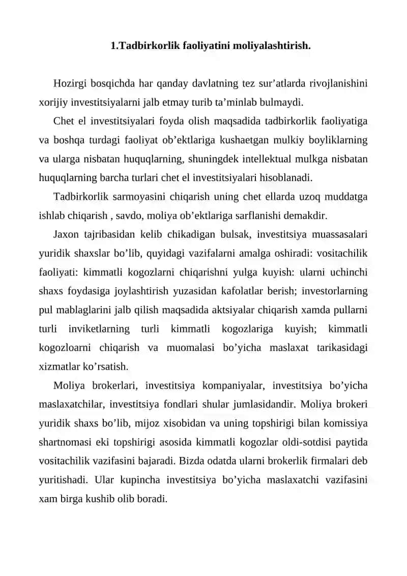 Tadbirkorlik faoliyatini moliyalashtirish 2