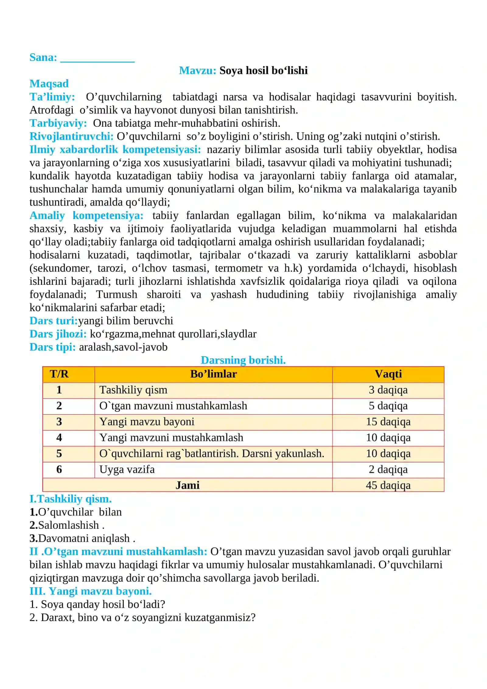 3-sinf Tabiiy fan (Science) Soya hosil bo'lishi mavzusida dars ishlanma 2