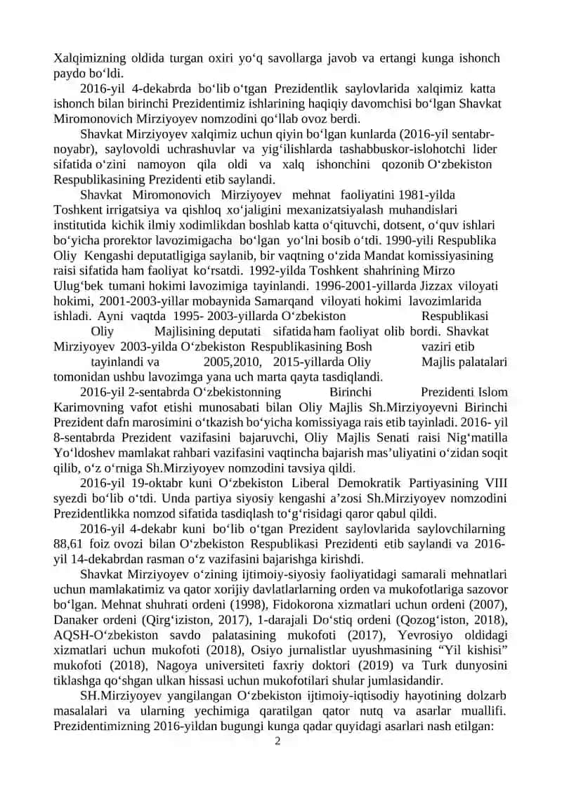 O‘ZBEKISTON RESPUBLIKASI PREZIDENTI SHAVKAT MIRZIYOYEV RAHBARLIGIDA 2