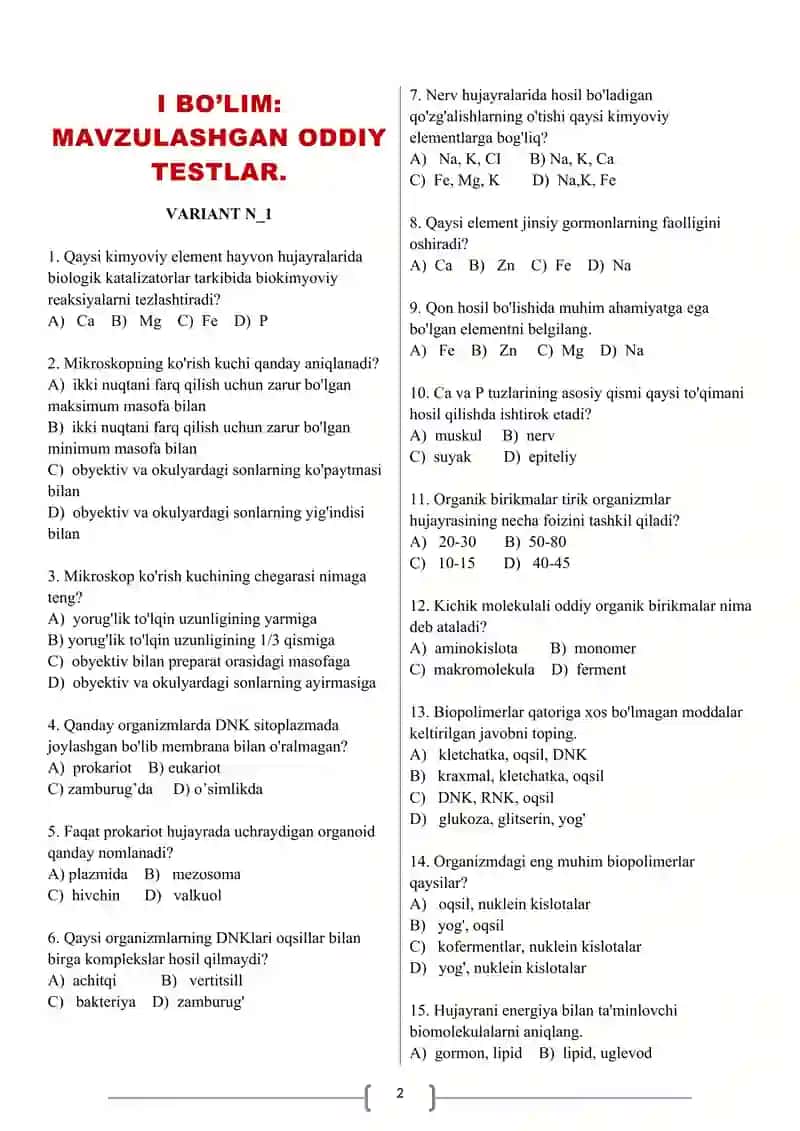 9-SINF BIOLOGIYA TESTLAR JAMLANMASI. 2