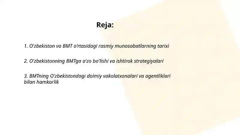 O'zbekistonning BMT bilan hamkorlik aloqalari 2