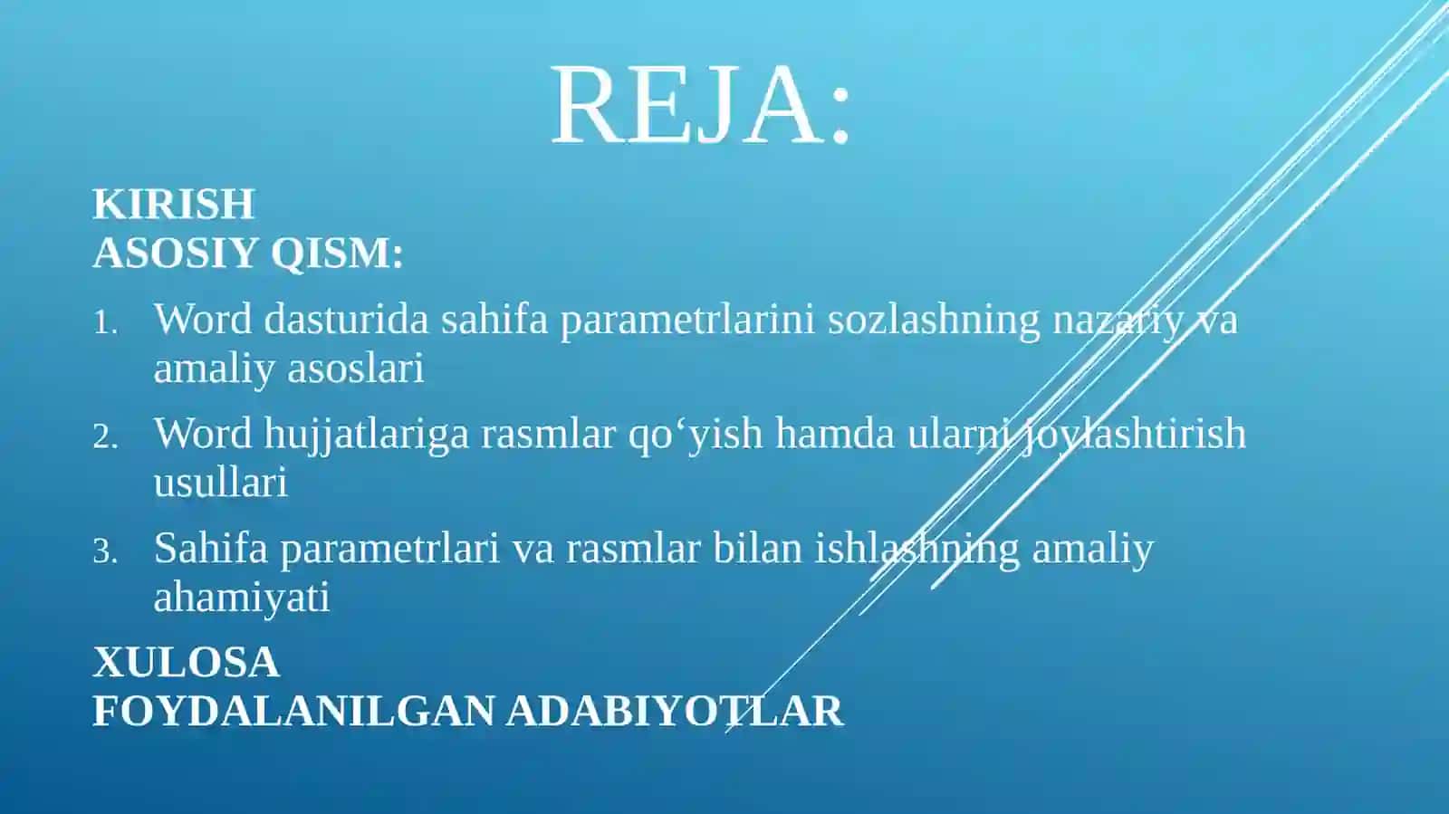 Word matn muharriri da sahifa parametrlarini sozlash va rasmlar qoʻyish 2