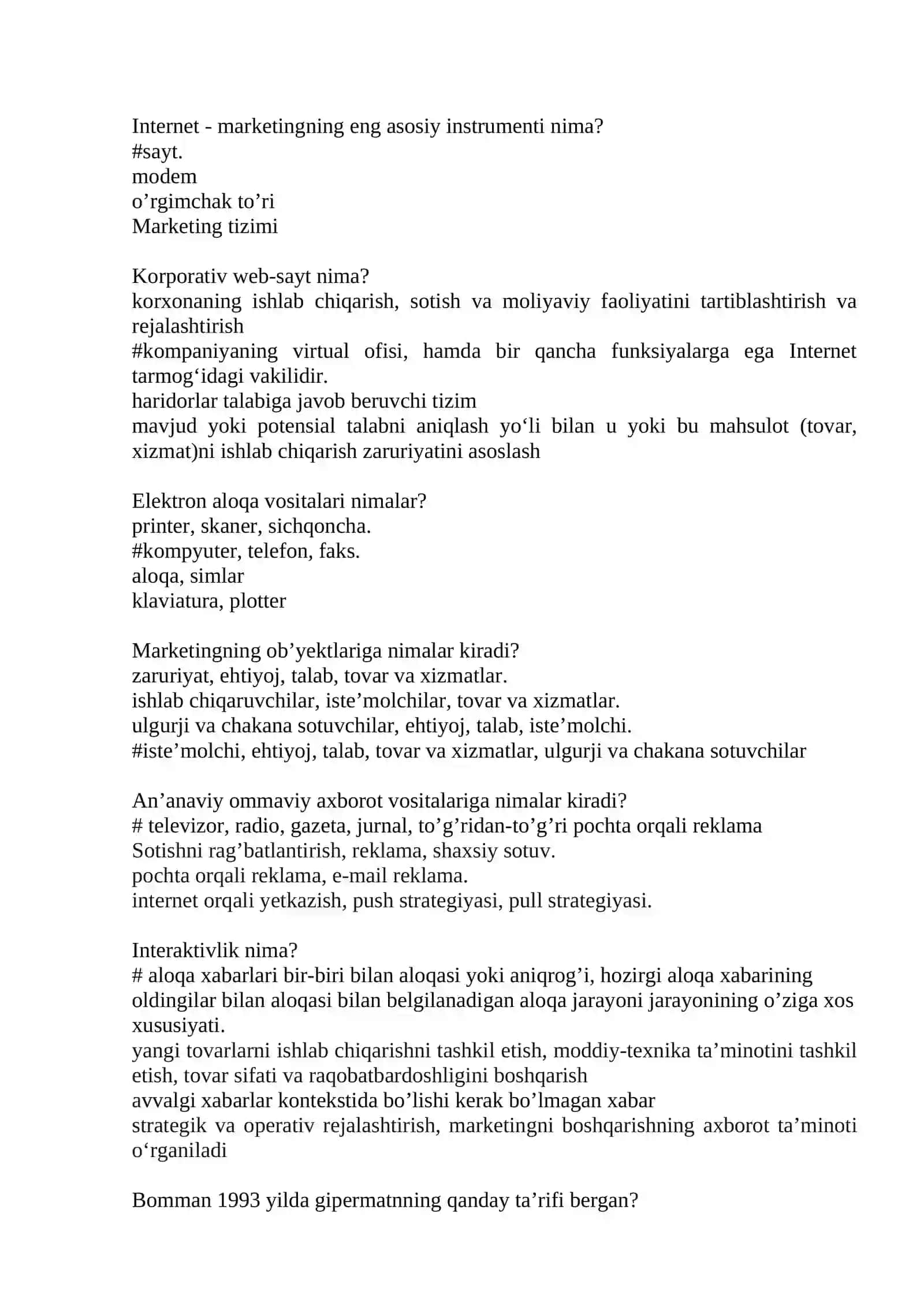 Marketing va SMM fanidan testlar 2