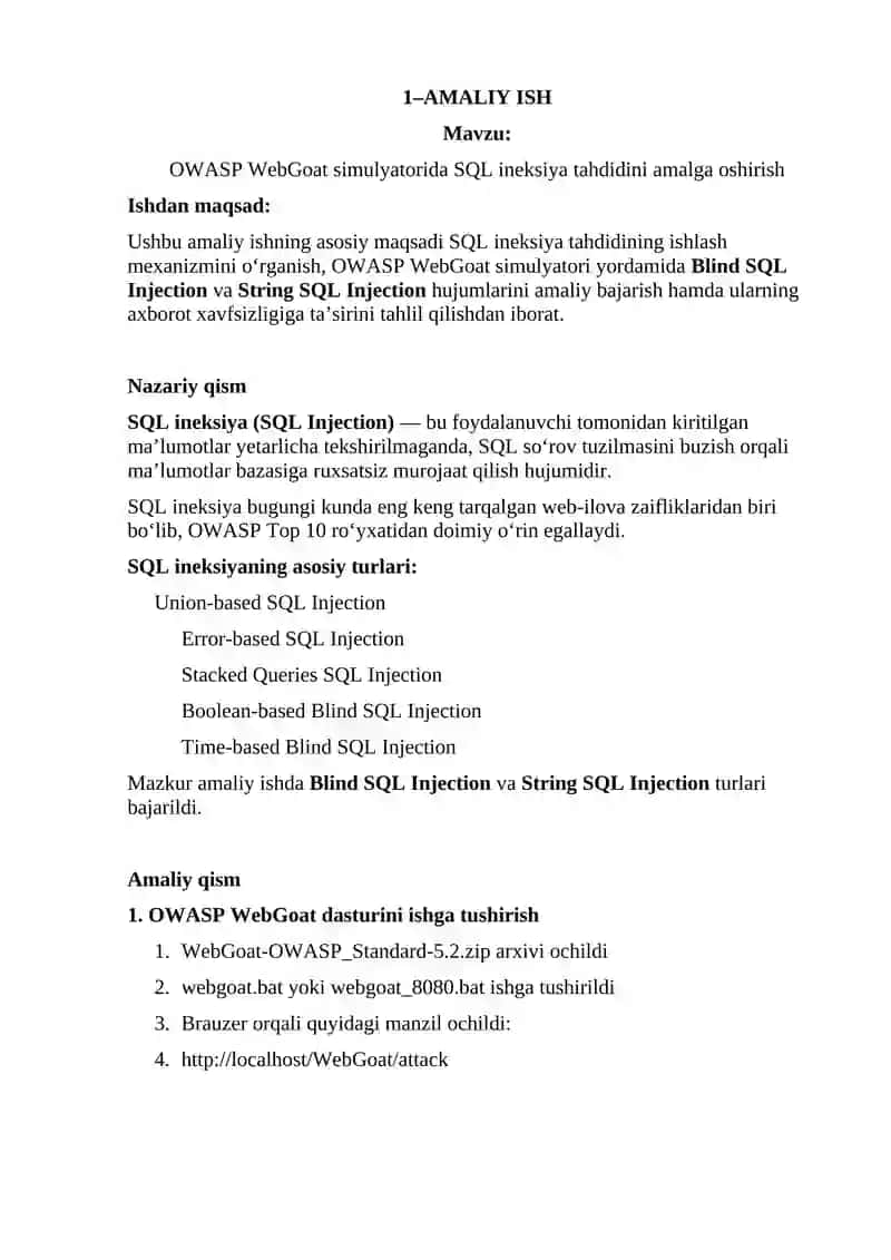 OWASP WebGoat simulyatorida SQL ineksiya tahdidini amalga oshirish 2