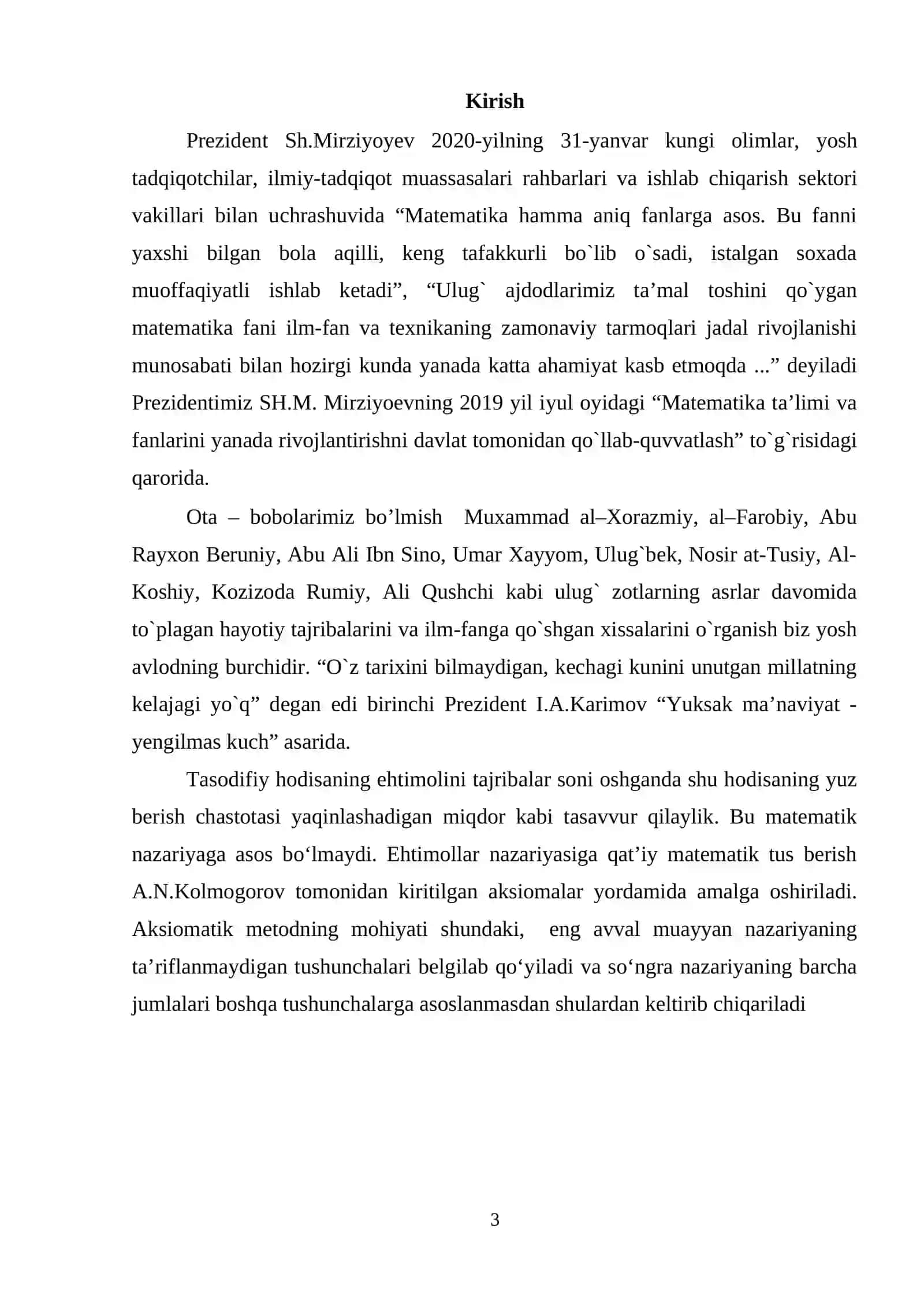 A.N.Kolmogorf aksiomalaridan kelib chiqadigan ehtimolning xossalari, shartli ehtimollik hodisalar bog’liqsizligi va bog’liqsiz hodisalar yig’indisi ehtimoli. To’la ehtimollik va Bayes foymulalari 2
