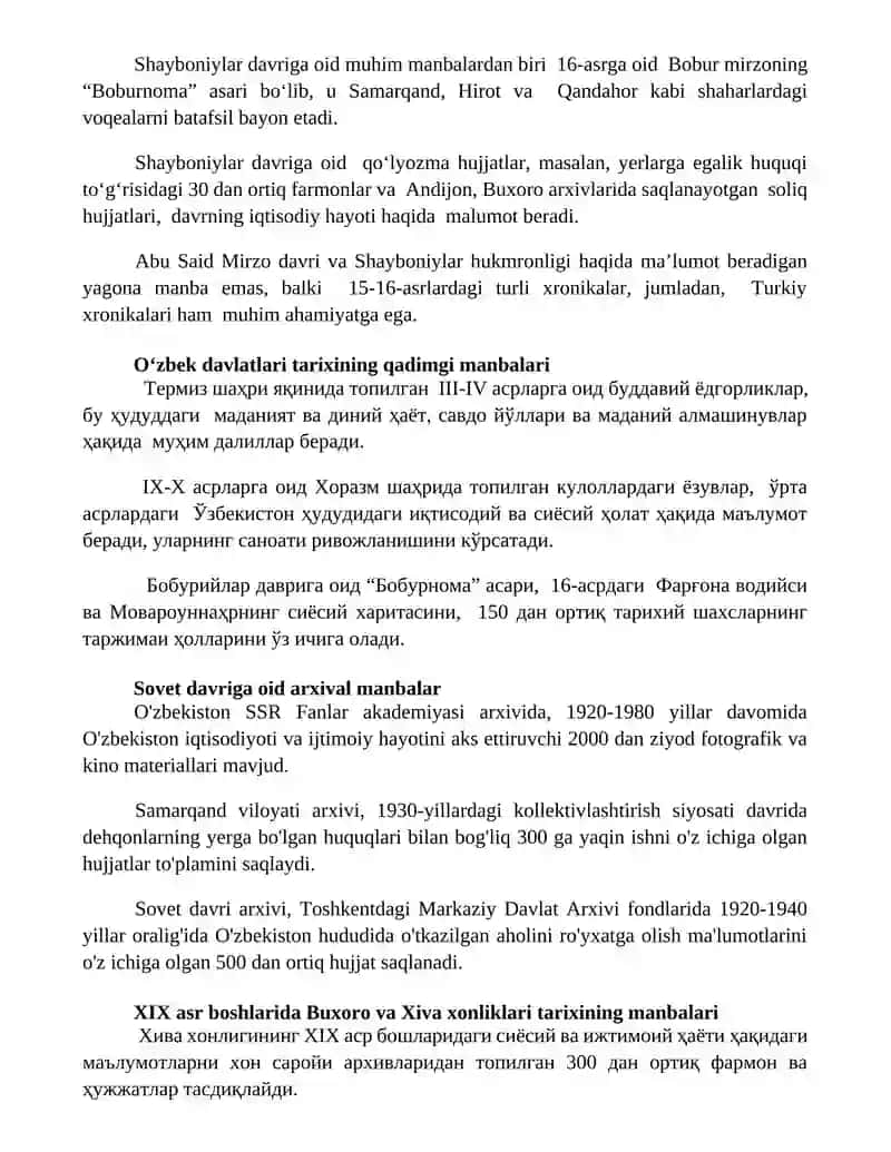 O'zbek davlatlari tarixi bo'yicha manbalar 2
