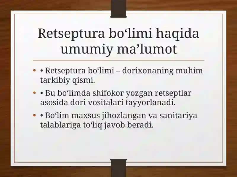 Retseptura Bo‘limi Faoliyati 2