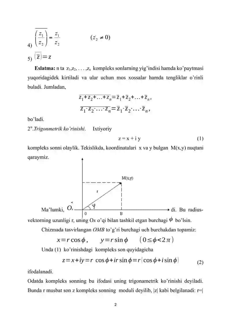 Kompleks sonning algebraik, trigonometrik va ko‘rsatkichli shakli. Eyler formulasi va uning qo’llanilishi. 2