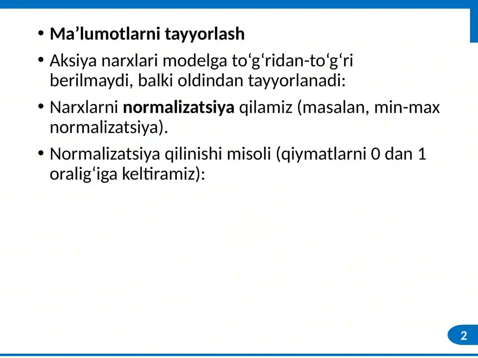 Aksiyalarning narxini bashorat qilish 2