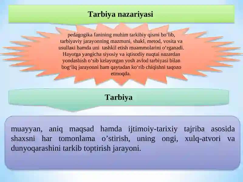 TARBIYA JARAYONINING MOHIYATI VA MAZMUNI. TARBIYA QONUNIYATLARI VA TAMOYILLARI 2