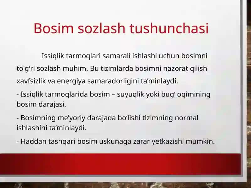 Issiqlik tarmog'ida bosim sozlash nuqtalari 2