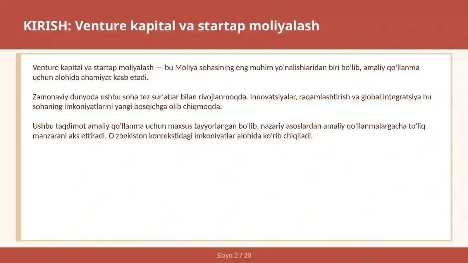 VENTURE KAPITAL VA STARTAP MOLIYALASH 2