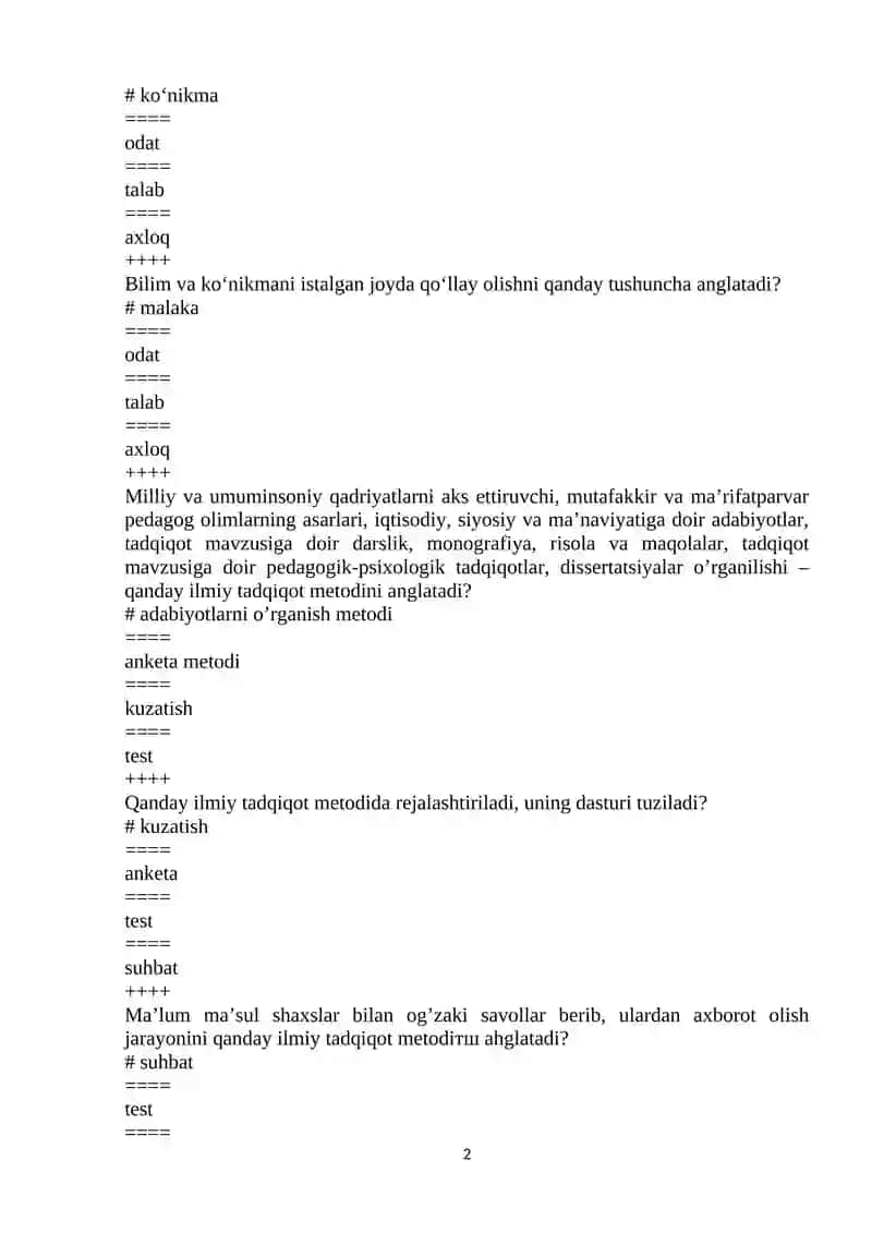 UMUMIY PEDAGOGIKA FANIDAN TEST NAZORAT SAVOLLARI 2