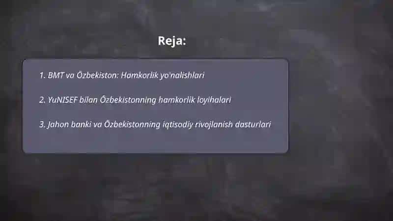 BMT va Ōzbekiston: Hamkorlik yo'nalishlari 2