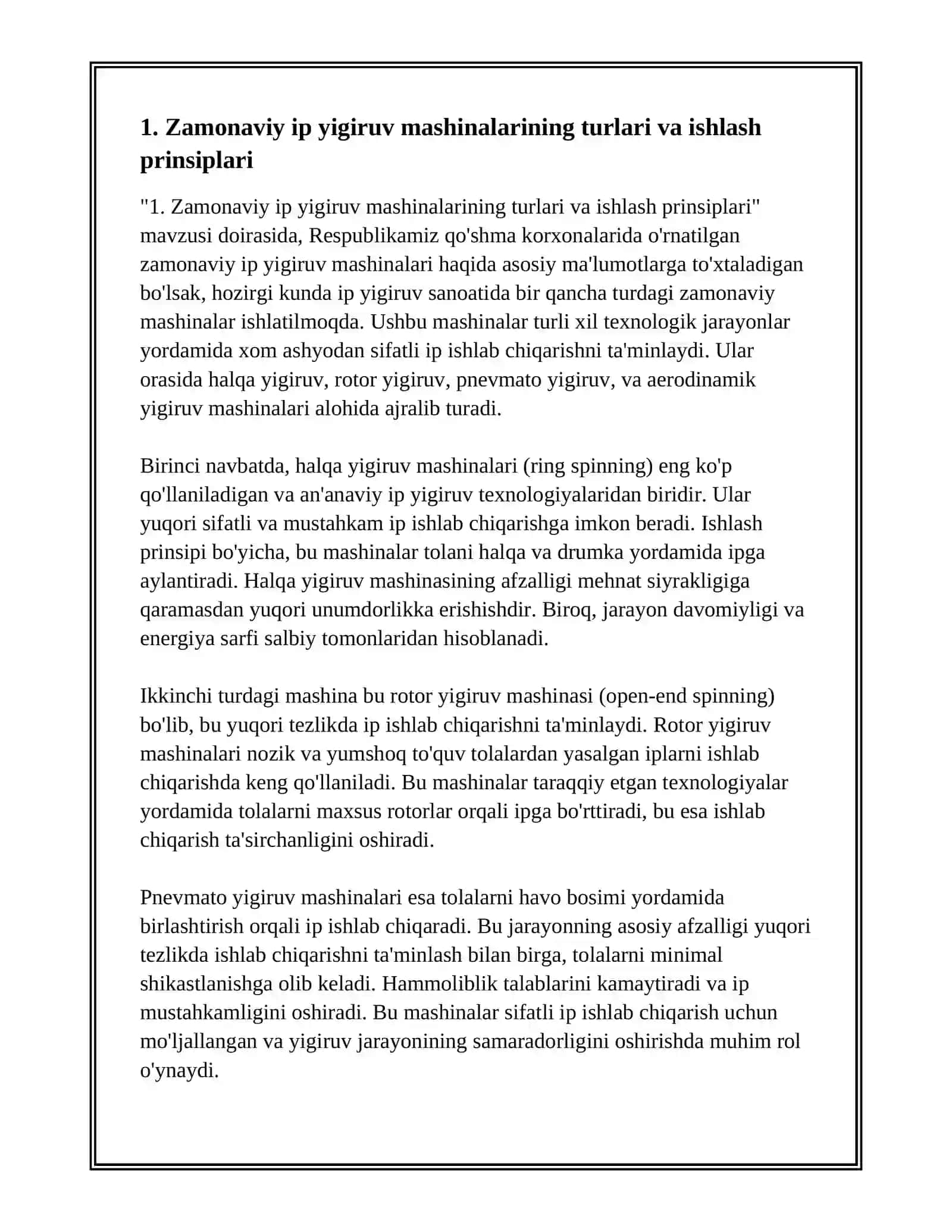 RESPUBLIKAMIZ QO'SHMA KORXONALARIDA O'RNATILGAN ZAMONAVIY IP YIGIRUV MASHINALARI TO'G'RISIDA ASOSIY MA'LUMOTLAR 2