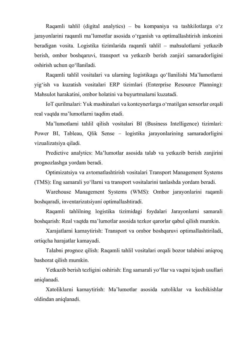 LOGISTIKA TIZIMLARIDA RAQAMLI TAHLIL (DIGITAL ANALYTICS) VOSITALARIDAN FOYDALANISH 2