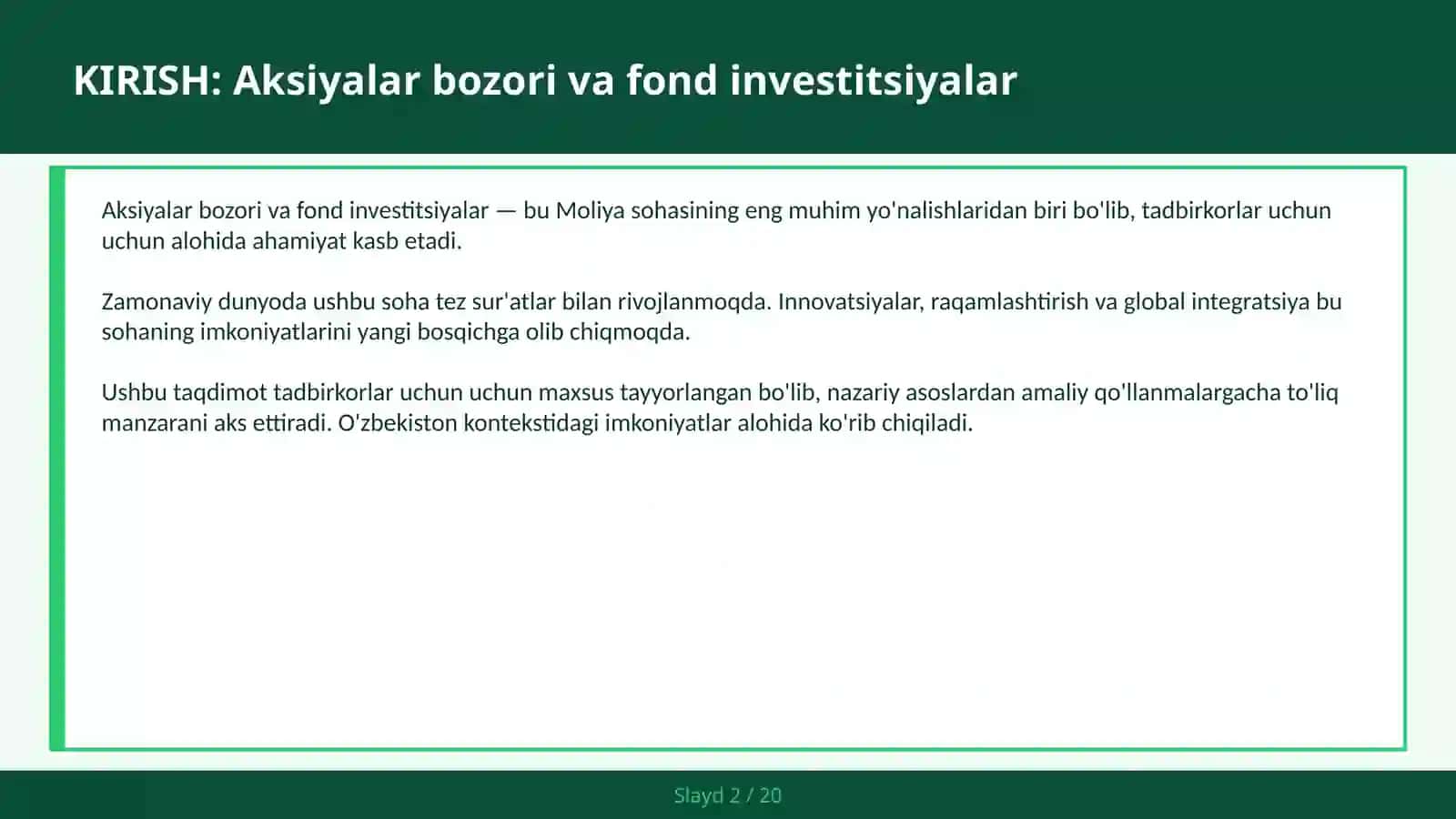 Aksiyalar bozori va fond investitsiyalar 2