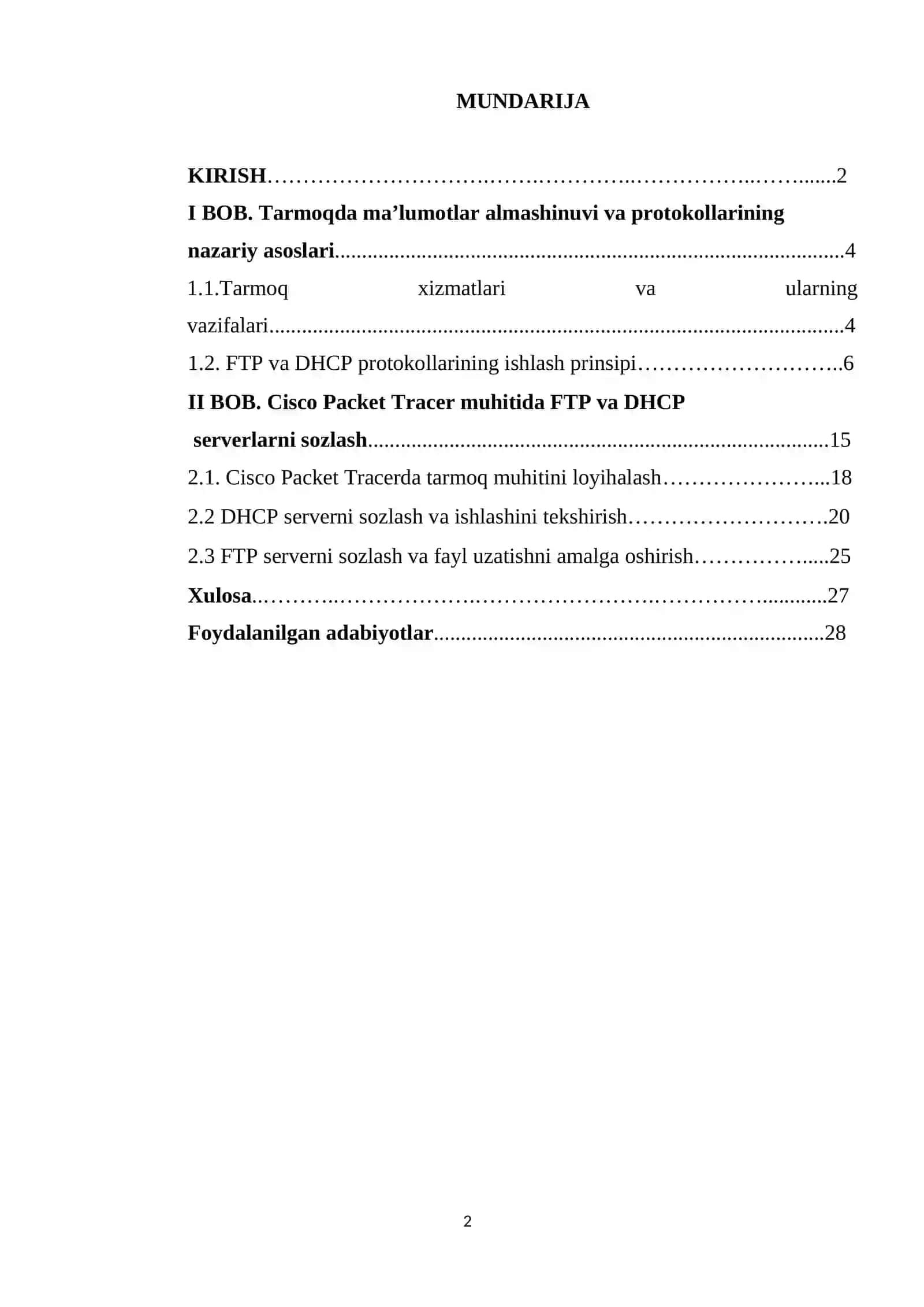 Cisco Packet Tracerda FTP server va DHCP serverni sozlash hamda ularning ishlashini tekshirish 2