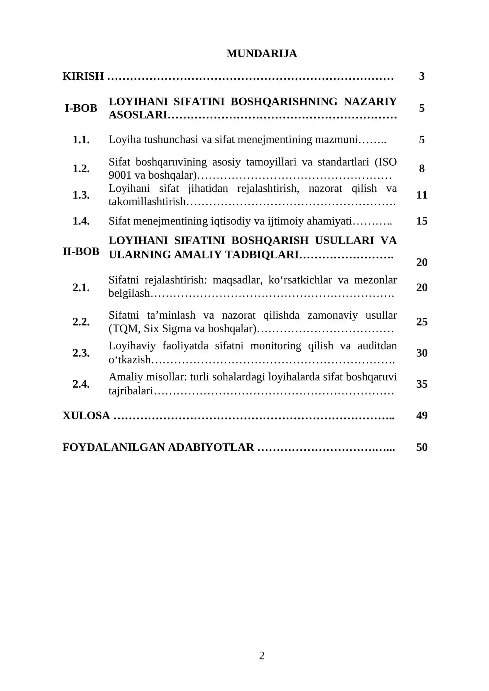 LOYIHANI SIFATINI BOSHQARISHNI TAHLIL QILISH 2