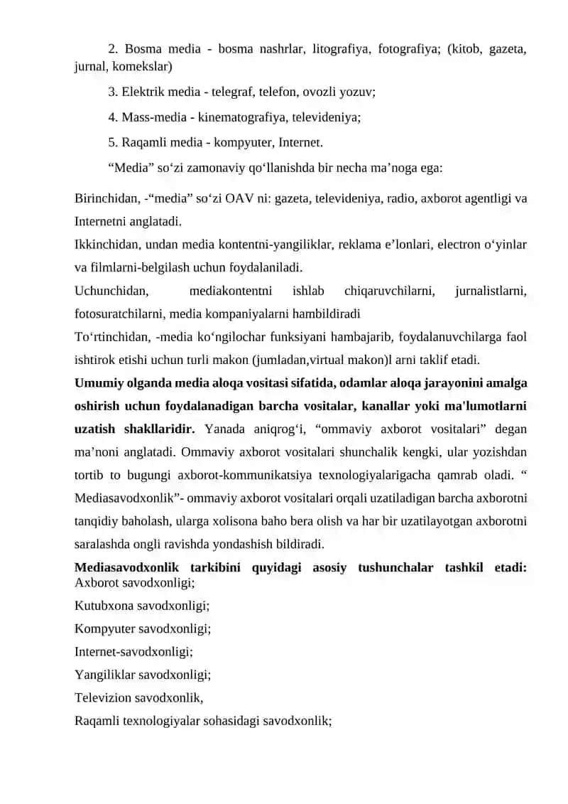 MEDIA SAVODXONLIK VA AXBOROT MADANIYATI FANINING PREDMETI VA JAMIYAT TARAQQIYOTIDAGI O‘RNI 2