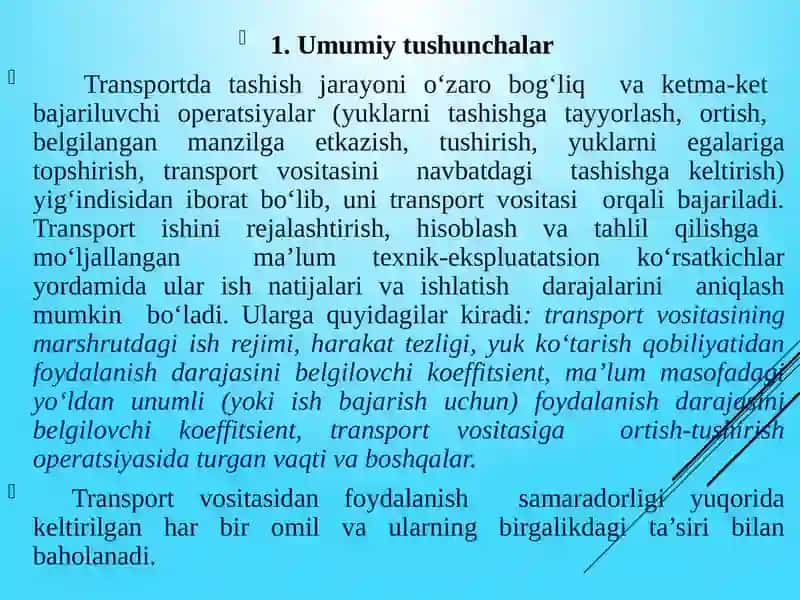 AVTOMOBIL TRANSPORTI ASOSIY ISH KO‘RSATKICHLARI 2
