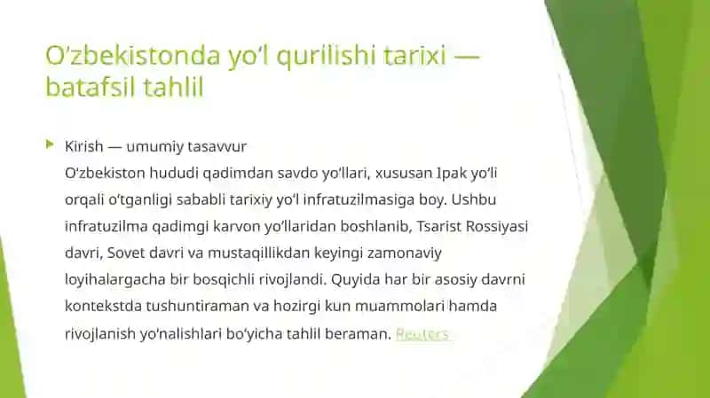 O'zbekistonda yo'l qurilishi tarixini tahlil qilish. 2