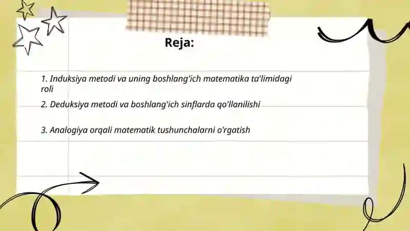 Boshlang'ich sinflarda matematika o'qitish metodikasi. Induksiya, deduksiya va analogiya metodlari. 2