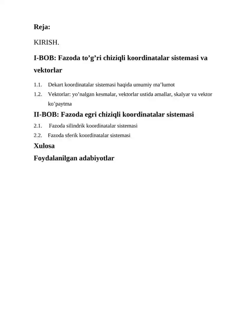 "Fazoda koordinatalar sistemasi" kurs ishi 2