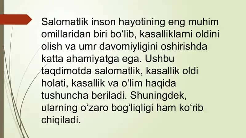 Salomatlik, kasallik oldi holati, kasallik, o‘lim. 2