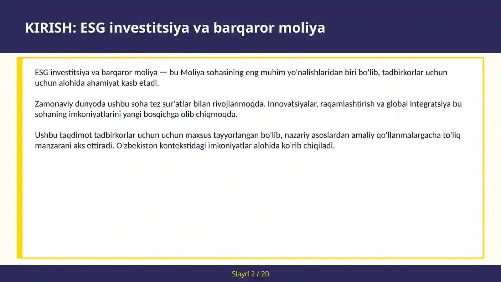 ESG Investitsiya va Barqaror Moliya 2
