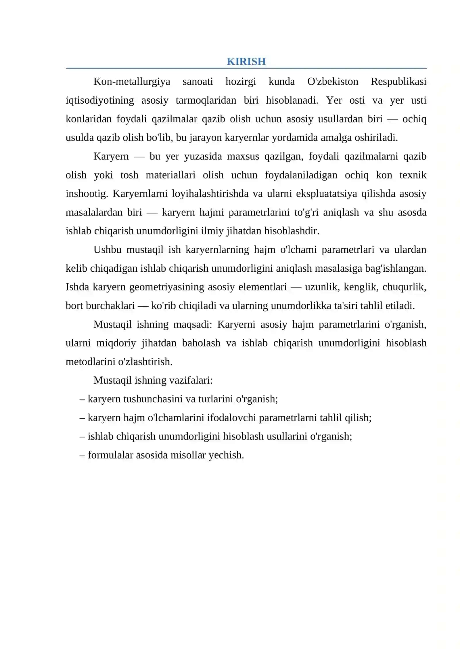 Karyerni Hajmi O'lchamlari Ishlab Chiqarish Unumdorligini Aniqlash 2