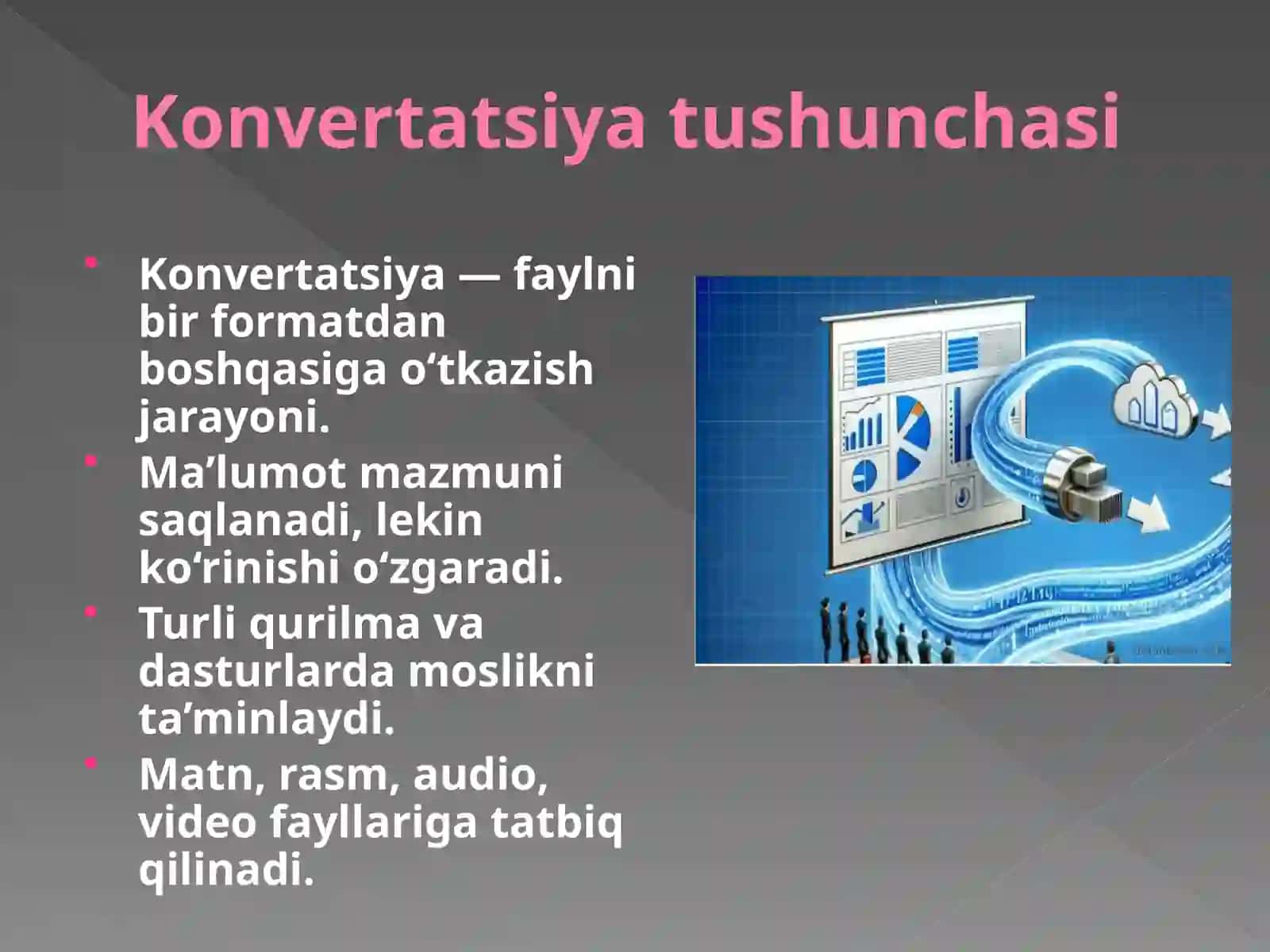 KONVERTATSIYA.FAYLLARNIBIRFORMATDANBOSHQAFORMATGAO’TKAZISH.ONLAYNKONVERTATSIYADASTURLARIDANFOYDALANISH 2
