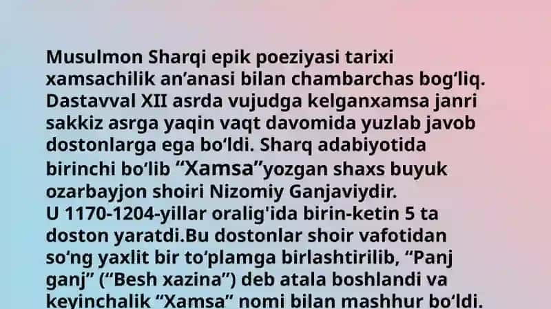Xamsanavislik. Nizomiy Ganjaviy 2