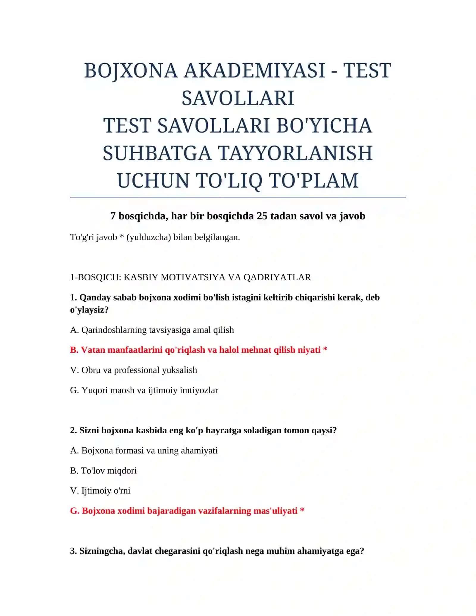 BOJXONA AKADEMIYASI - TEST SAVOLLARI 2