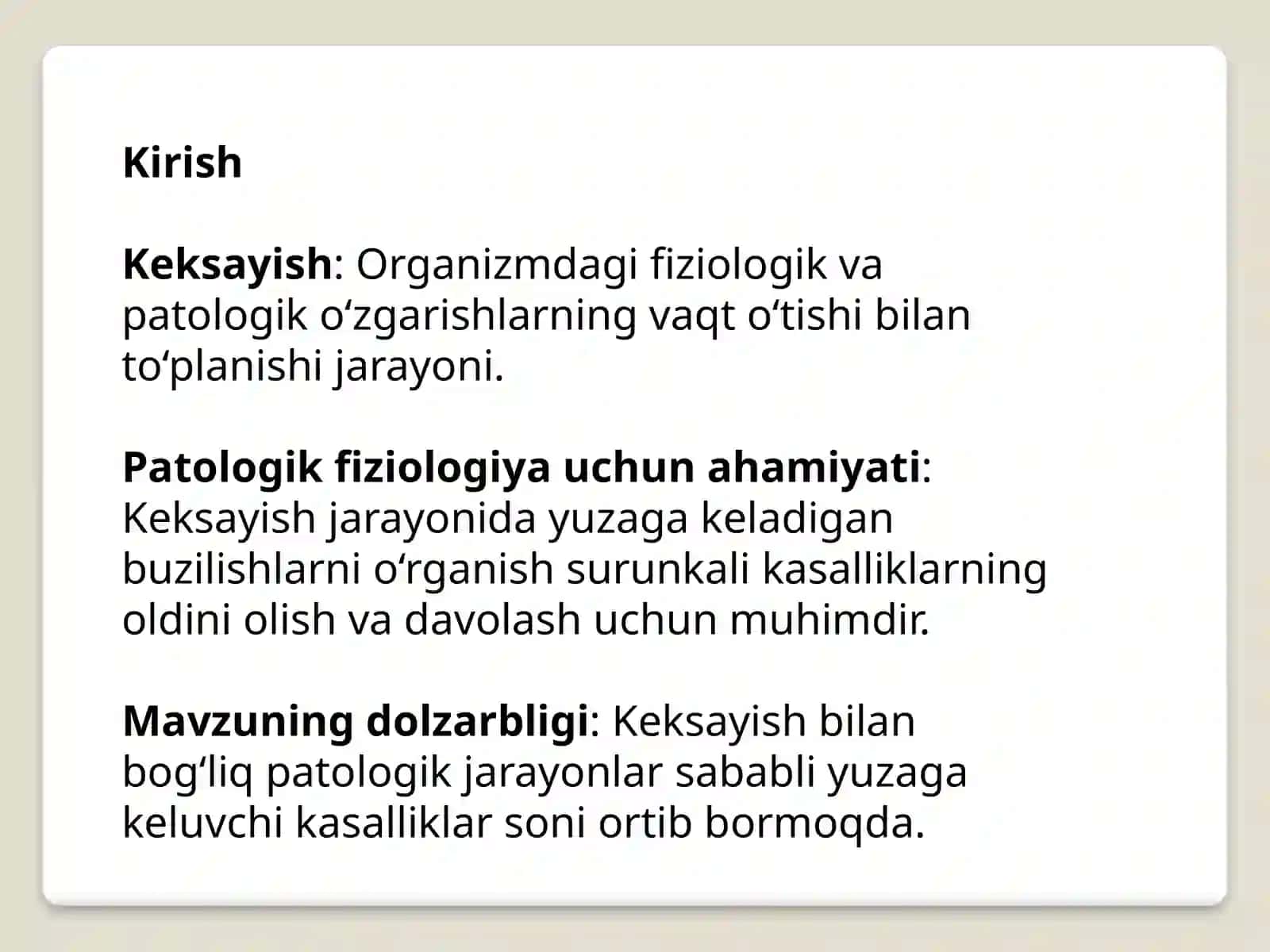 Organizmdagi keksayish davriga xos o'zgarishlar 2