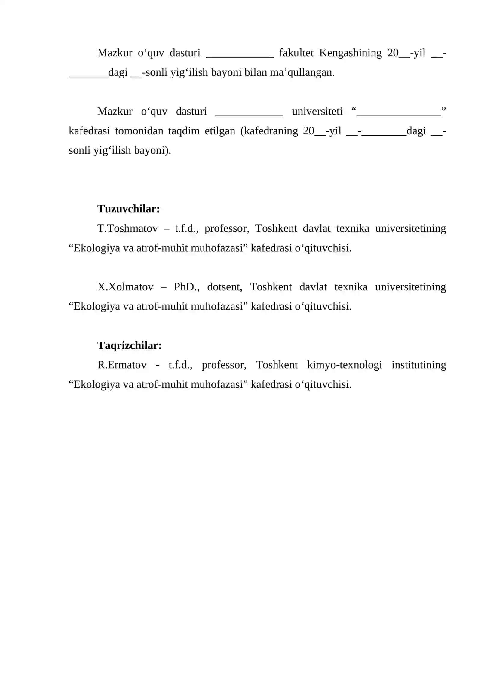 yangi namunaviy fanining o'quv dasturi 2026-2027 2